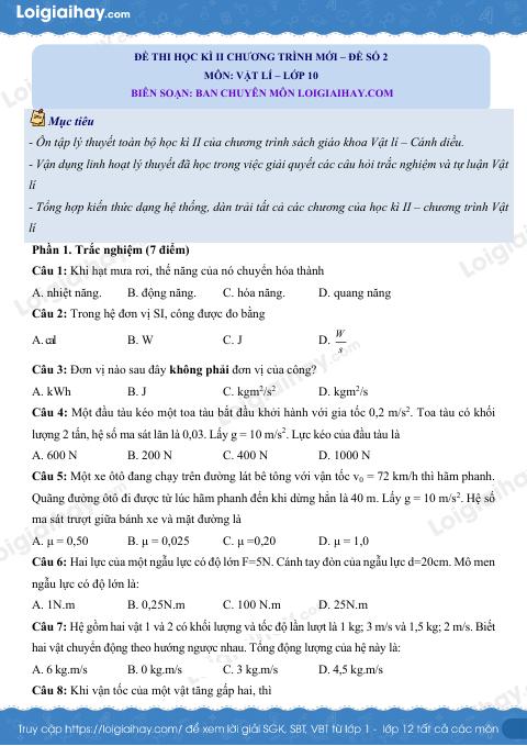 Đề thi học kì 2 Vật lí 10 Cánh diều - Đề số 2